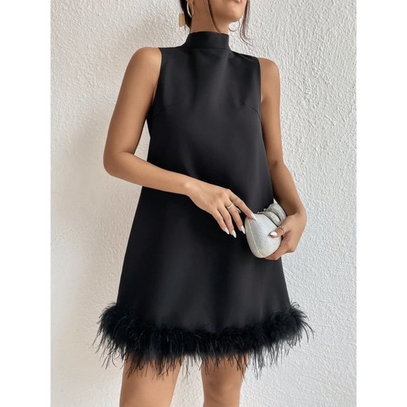 Chic Stand Neck Fuzzy Trim Dress Black - Picture 6 of 6